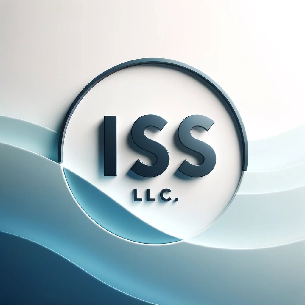 青緑の波と円に囲まれたISS LLC.のロゴ